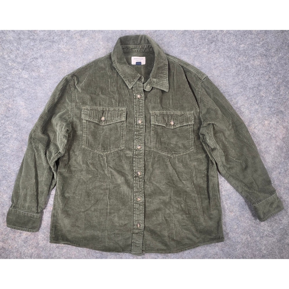 American Eagle Mens Small Corduroy Button Down Shirt Olive Green Long Sleeve